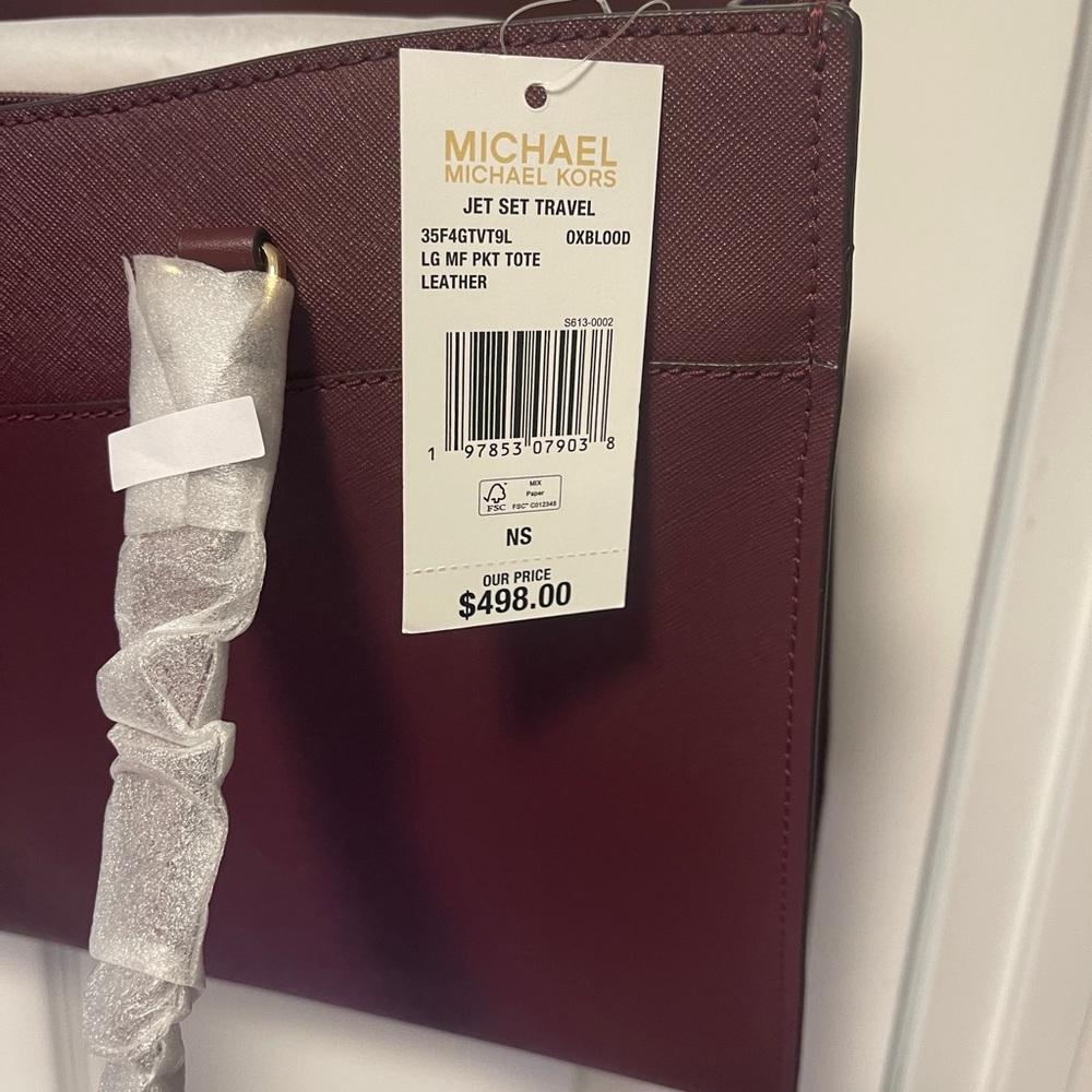 Michael Kors Wine Saffiano Leather Tote with Gold MK Charm - Picture 6 of 6